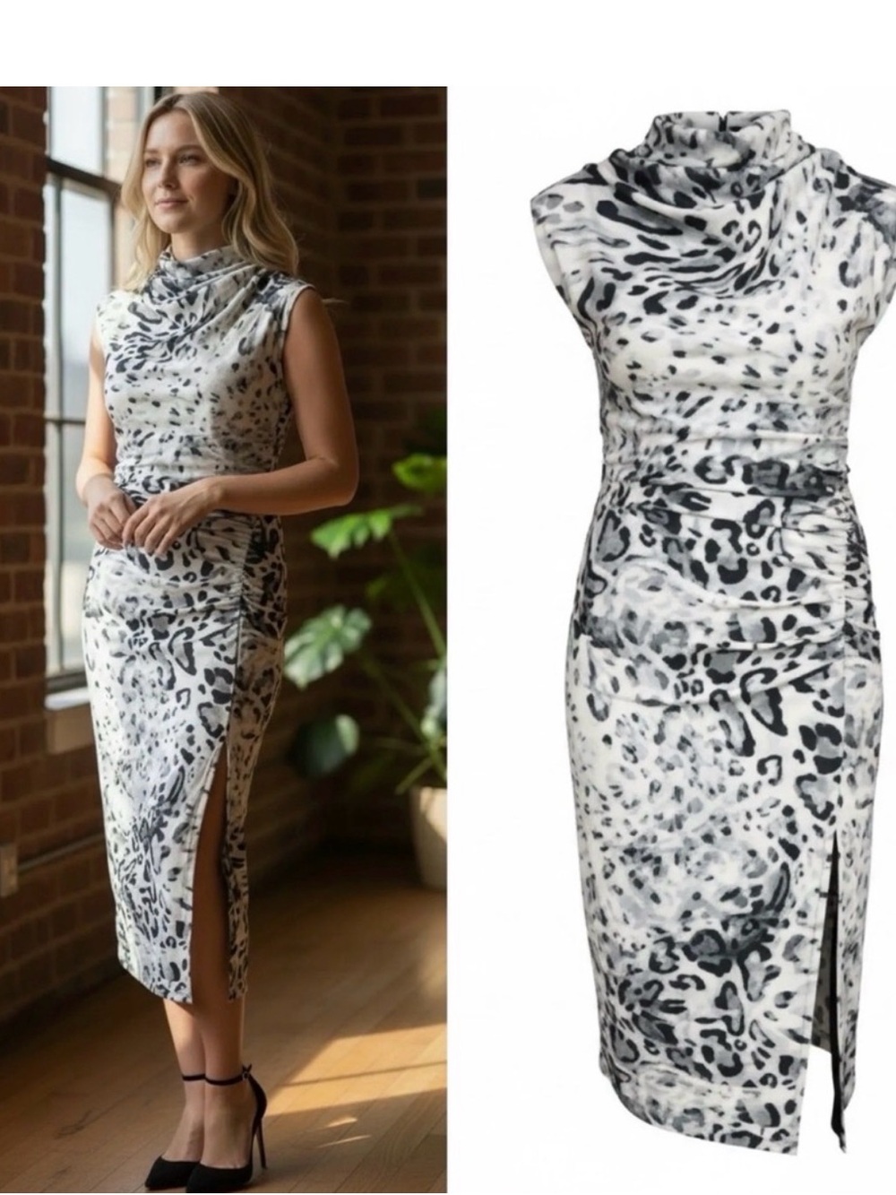 Adrienne Landau Black & White Leopard-Print Sleeveless Cowl Midi Dress